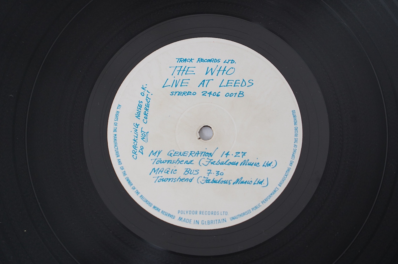 The Who; Live at Leeds, LP record album, Track 2406 001, with 11 inserts including the booklet of photos, believed to have been signed in ballpoint pen by Pete Townshend and Roger Daltrey. Condition - fair, some scratche